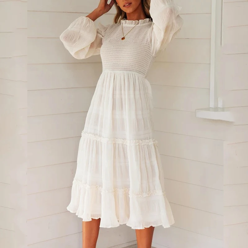 Autumn Summer Dresses Women's Long Sleeve High Waist Ruffled Long Dress Female Vestidos 2021 Vintage Beach Women Large Dress