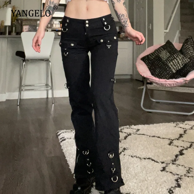 Yangelo Dark Punk Y2k Grunge Low Waist Emo Jeans Mall Gothic Women Black Patchwork Electro Pants Fashion Streetwear Alt Clothes