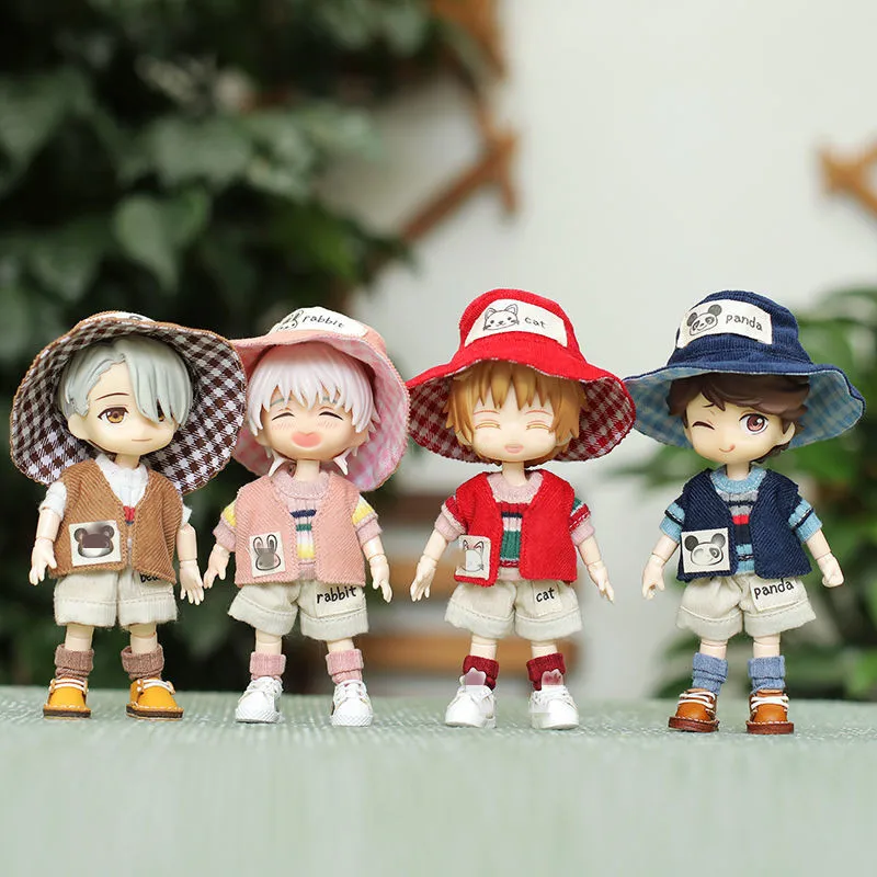 

OB11 dolls suit for 1/12 size round neck color striped short sleeves + cute waistcoat + striped shorts + cute animal print hat