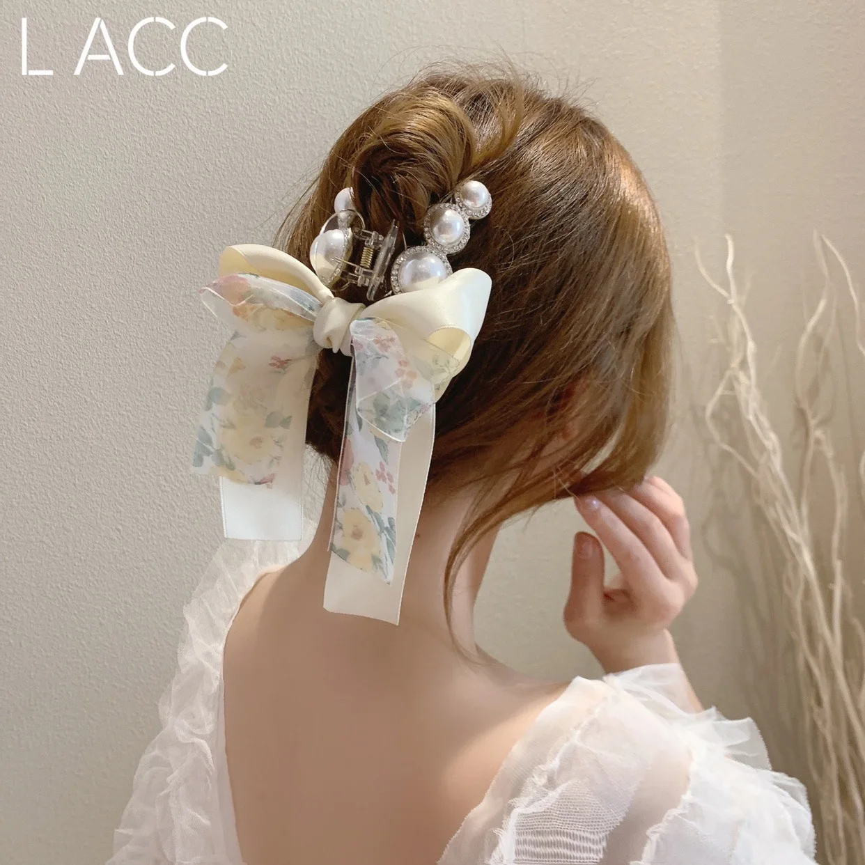 Accesorios para el cabello con lazo para niña, clip para atrapar el cabello, estilo coreano de primavera y verano, flor de perla, clip de tiburón