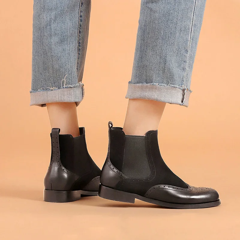 Donna-in Autumn New Classic Black Chelsea Boots for Women Genuine Leather Low Heel Slip-on Carved Retro Ladies Ankle Boots