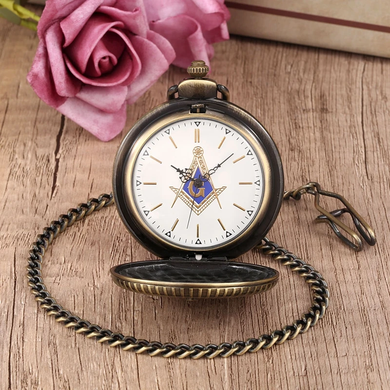 High Graded G Letter Masonic Freemason Theme Bronze Alloy Quartz Pocket Watch 30cm Waist Chain Freemasonry Antique Collectibles