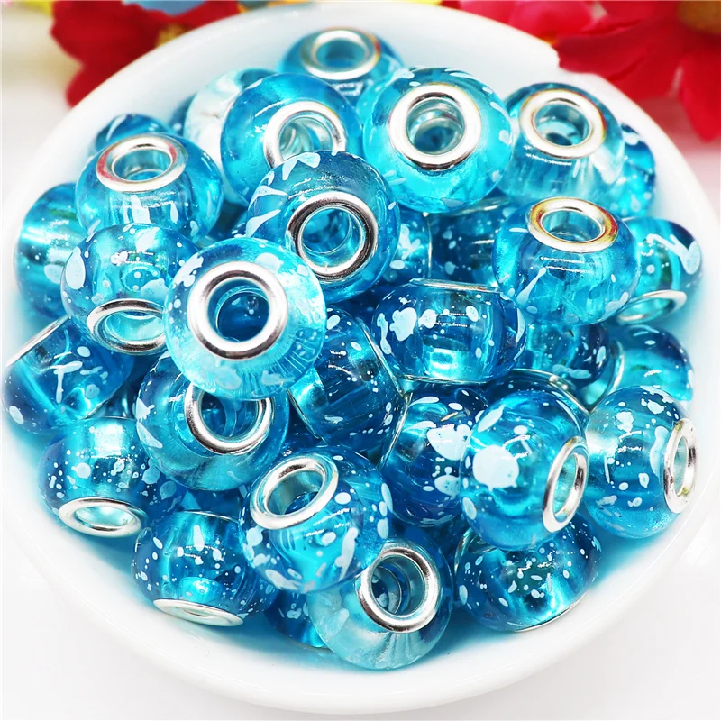 10Pcs Blue Color Dot Flower Resin Muranos Big Hole Round Rondelle Loose Spacer Beads for Women Jewelry Fit Pandora Bracelet Bead