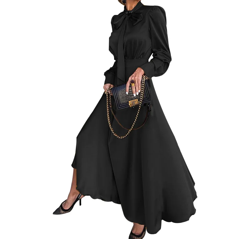 Elegant Solid Shirt Dress Women's Autumn Sundress 2021  Casual Long Sleeve Maxi Vestidos Female Bow Robe M6166