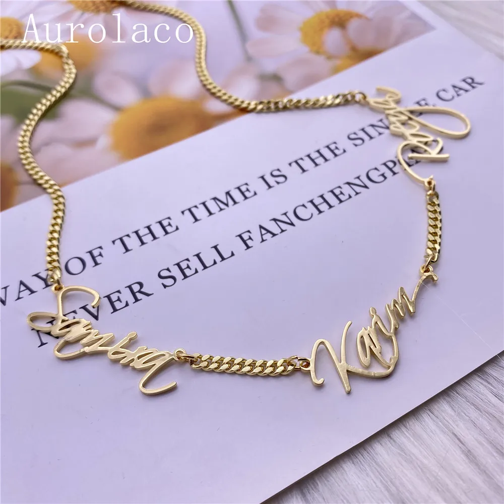 AurolaCo Custom Name Necklace Personalized Multiple Names Cuban Necklace Gold  Stainless Steel Nameplates Pendant Necklace