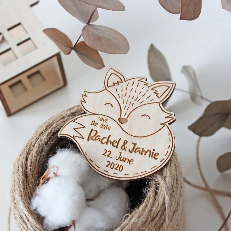 Spersonalizowane drewniane magnesy na lodówkę spersonalizowane rustykalne drewno grawerowane personalizowany prezent dobrodziejstw dla gości Fox Cute
