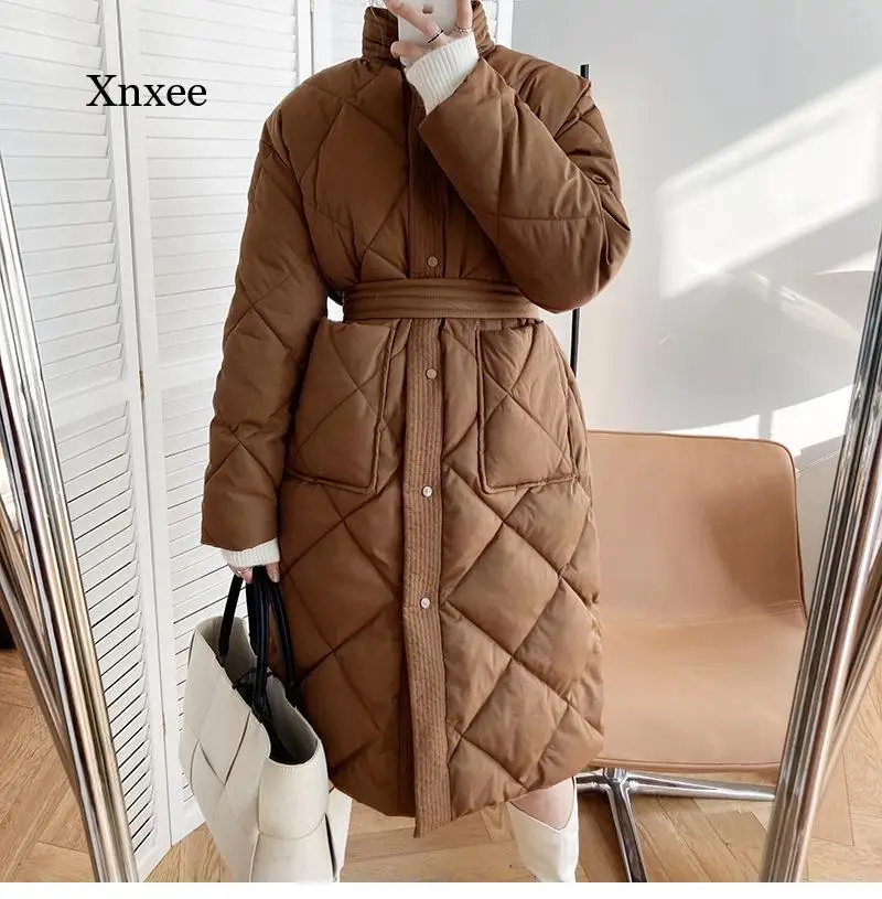 

2021 Chic Midi Parka Jacket Winter New Korean Long Cotton-Padded Coat Women Casual Stand Collar Pattern Oversized Clothes