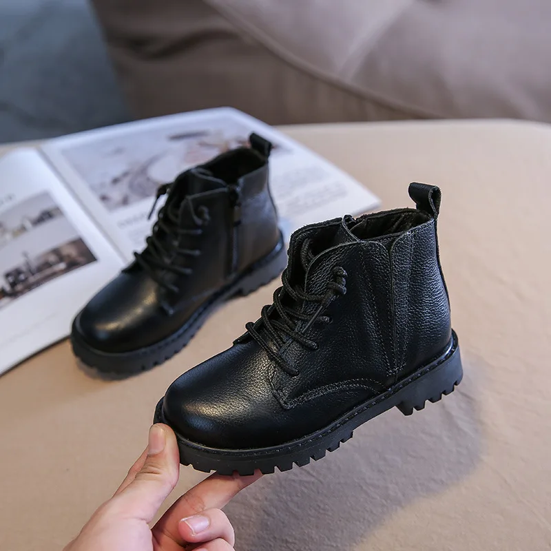 Children Genuine Leather Short Boots Winter And Autumn Boys Warm Black Short Boots Girls Fashion Quality Single Boots