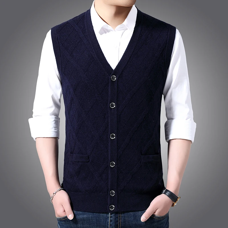 6% Wool Fashion Sleeveless Sweater For Mens Cardigan V Neck Slim Fit Jumpers Knitwear Warm Autumn Vest Casual Clothing Male