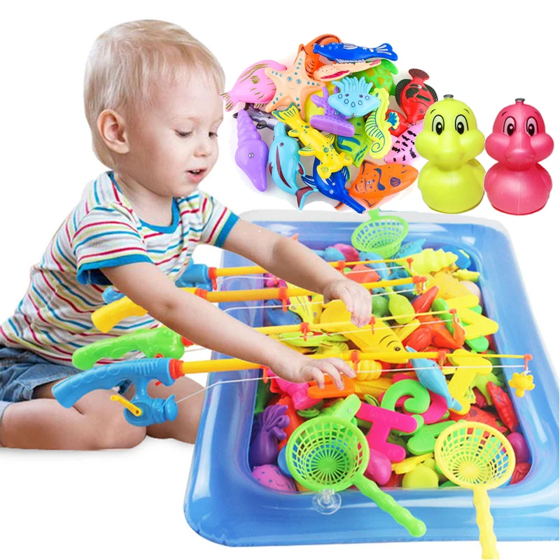 25-67pcs Boys Girls Magnetic Fishing Toy set suit with Inflatable Pool Net Fishing Ducks Swimming Pool Water Toys for Kids