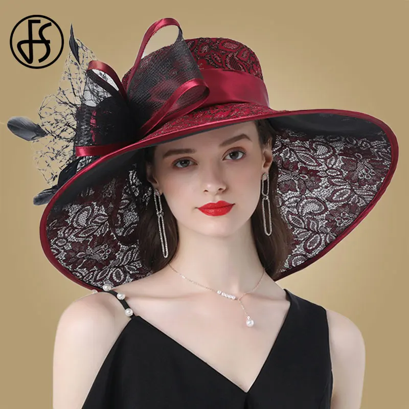 FS Pink Wide Brim Hats Kentucky Derby Hat For Women Elegant Church Purpe Hats Big Feather Fedora Ladies Wedding Tea Party Fedora