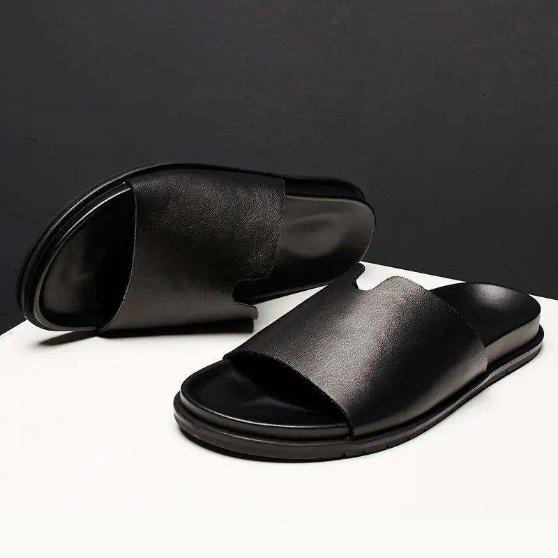 Summer Casual Mens Slides Shoes Genuine Leather Slippers Slip On Open Toe Black Bathroom Antiskid Flats Outside Beach Slippers