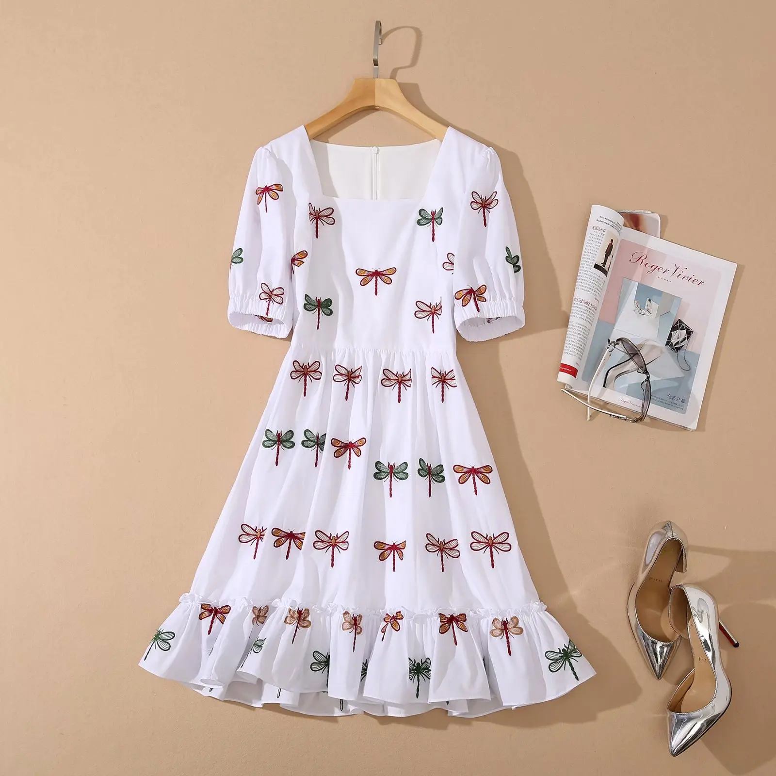 

High Quality Nice Summer Newest Women's Elegant Short Puff Sleeve Square Neck Ruffles Patchwork Dragonfly Embroidered Dress