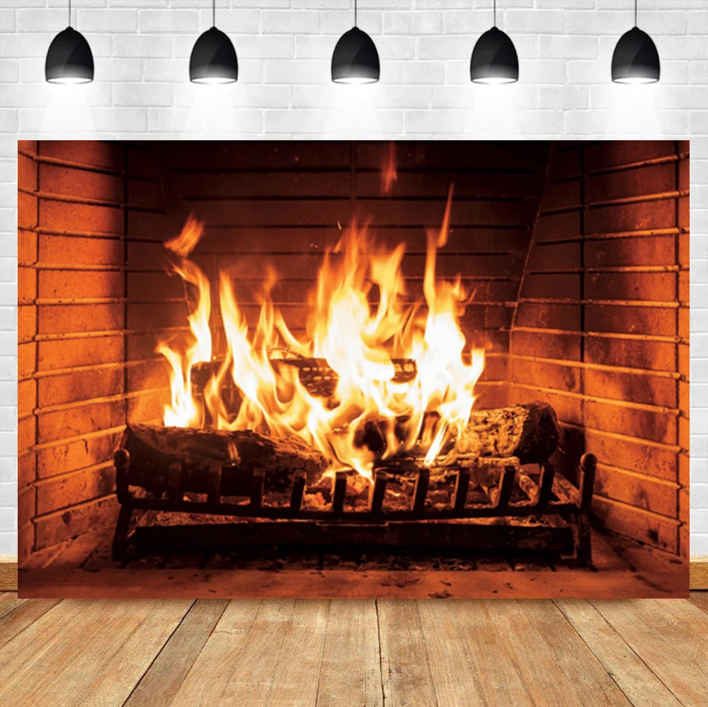 

Laeacco Christmas Winter Brick Wall Fireplace Fire Flame Party Portrait Photo Background Photographic Backdrop For Photo Studio