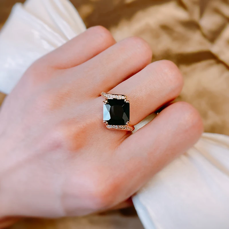 Kinel Luxury Big Square Black Natural Zircon Ring For Women Fashion 585 Rose Gold Color Vintage Wedding Jewelry Fine Daily Gift