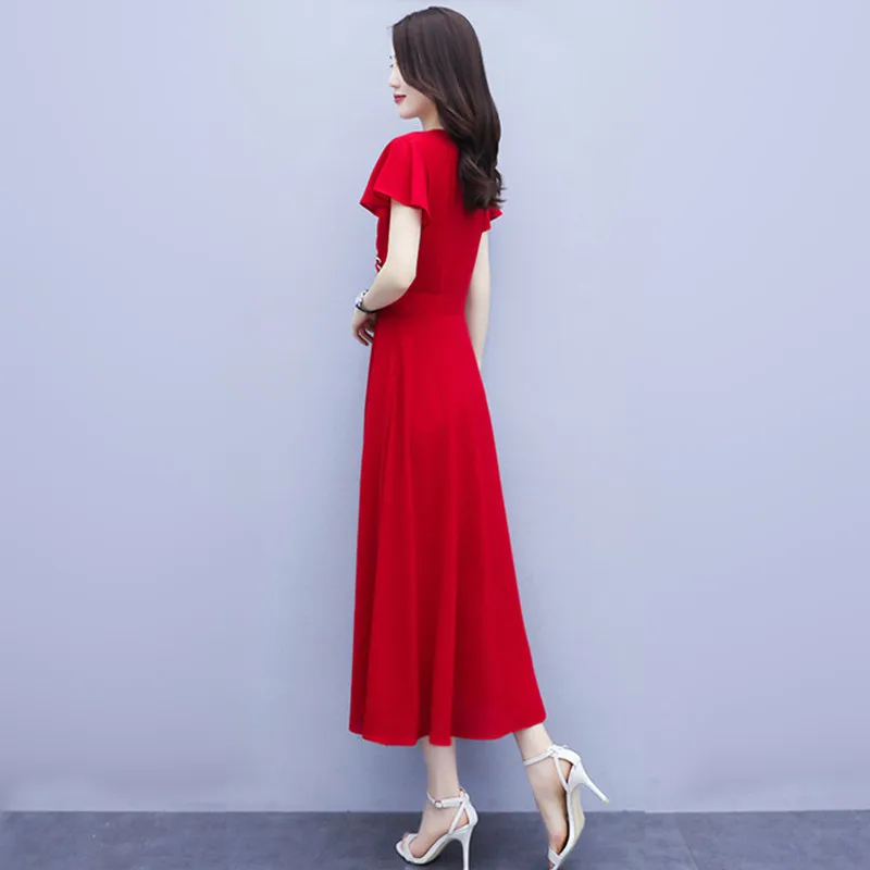 M-3XL Women Chiffon Long Dress Summer 2024 New Fashion Elegant Short-sleeve Split Hem Slim Thin Full Dresses Female Red Black