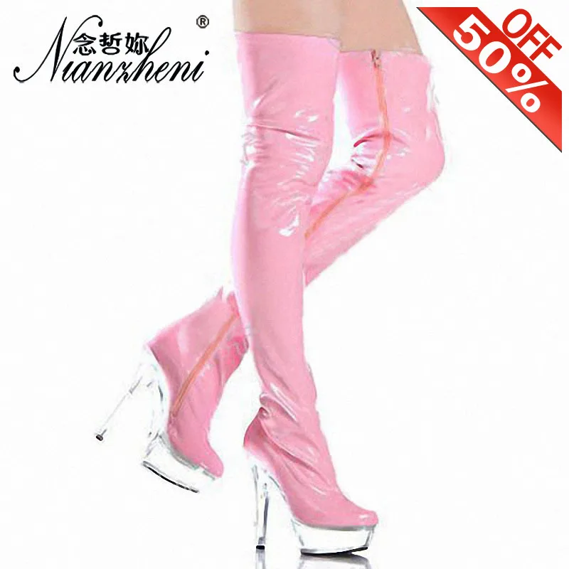 sweet gentle woman Pink Patent leather 15cm High heeled shoes 6 inches Over the knee Boots Nightclub Pole dancing Exotic Dancer