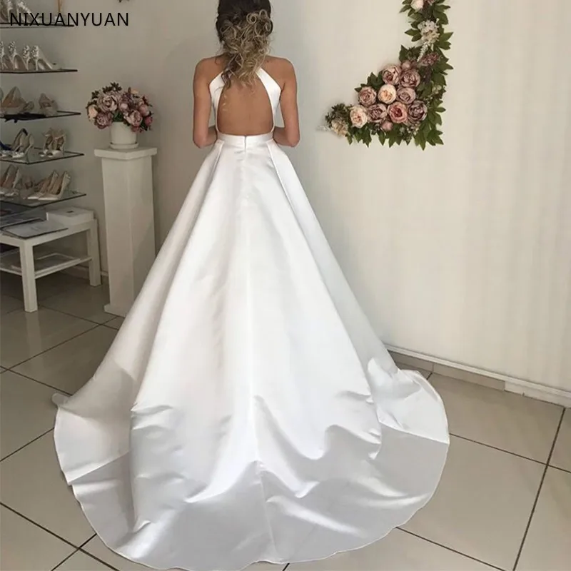 Wedding Dresses Satin V-neck A-line Cheap Wedding Dress Country Garden Backless Simple Bridal Gown