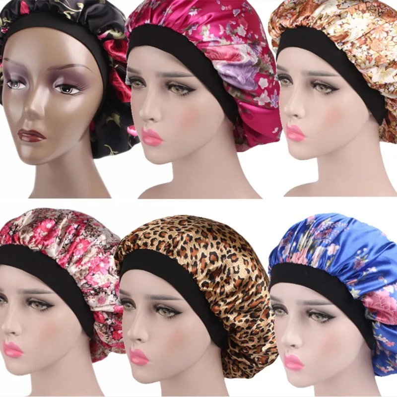 Satin Bonnet Hair Styling Cap Sleeping Shower Cap Silk Night Sleep Head Women Cover Wide Elastic Band Hair Styling Accessories