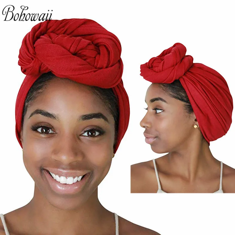 BOHOWAII Casual Jersey Turbante Solid Color Head Wrap -Stretch Long Hair Scarf Turban Tie Bonnet Hijab Scarves 180x80cm Tulband