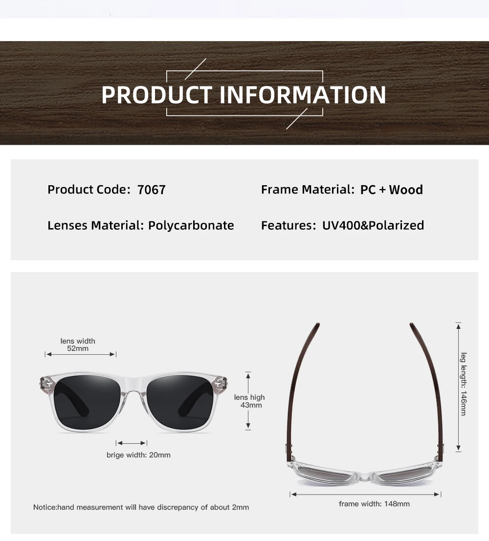 GM Marke Transparente Farbrahmen Sonnenbrille Männer Frauen Polarisierte Zarte Mode Handgemachte Holz Sonnenbrille Mit Box – Detail 4