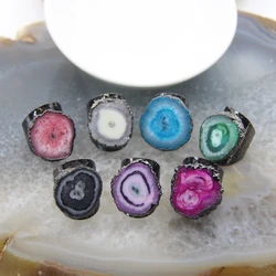 Natural Geode Sun Flower Rings,Druzy Agate Adjustable Gunmetal Rings,Healing Quartz Party Finger Rings Jewelry Gift For Women