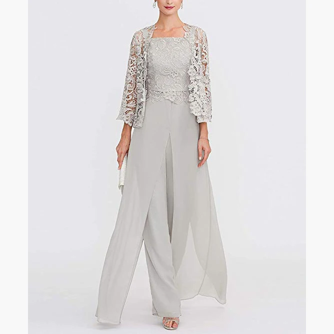 Elegante pantalone per la madre della sposa in pizzo grigio 2019 abiti da sera formali in Chiffon taglie forti abiti lunghi da Madrina