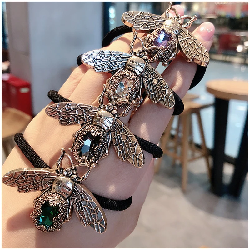 2020 Korean Trend Popular Little Bee  Hair Rope Temperament Retro Diamond Hair Ring Net Red Ins Personality Head Rope Female