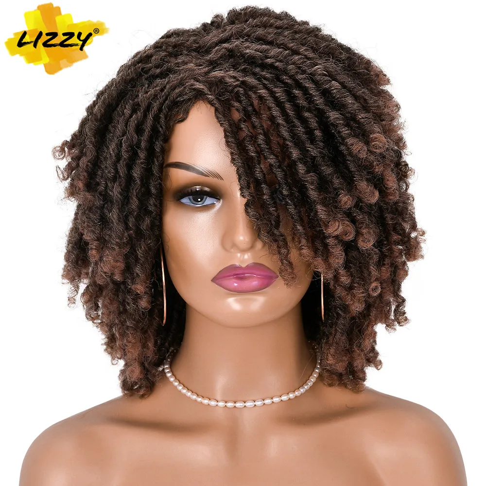 Krótkie włosy Dreadlock peruka kręcone syntetyczne miękkie Faux Locs peruki z grzywką dla czarnych kobiet Ombre szydełka Twist włosy plecione Lizzy