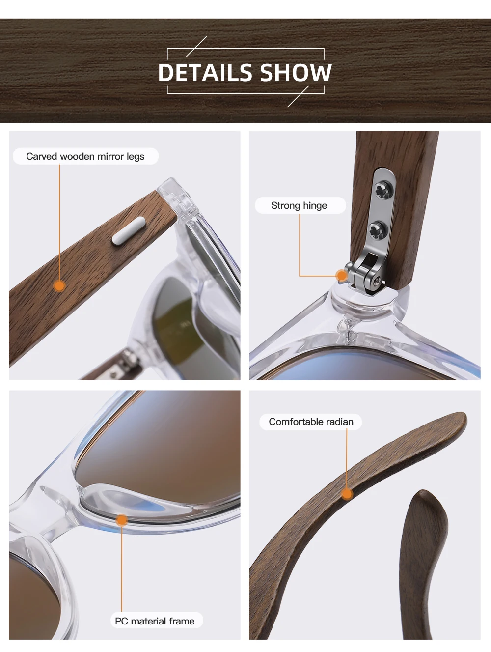 GM Marke Transparente Farbrahmen Sonnenbrille Männer Frauen Polarisierte Zarte Mode Handgemachte Holz Sonnenbrille Mit Box – Detail 6