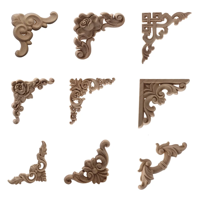 Carved Unpainted European Long Floral Leaves Rubber Wood  Furniture Window Corner Wood Applique Onlay  Wood Figurines Ornamental