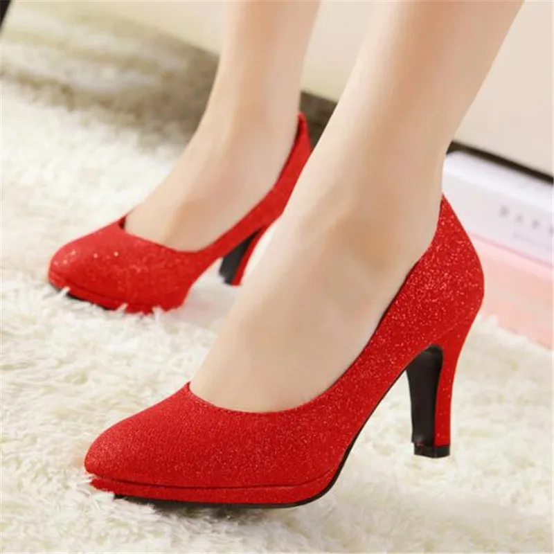 

Women Thick High Heels Stiletto Pumps Bridal Wedding Shoes Women Sequined Cloth Slip On 6-8CM Round Toe Dress Bling Shallow 2023