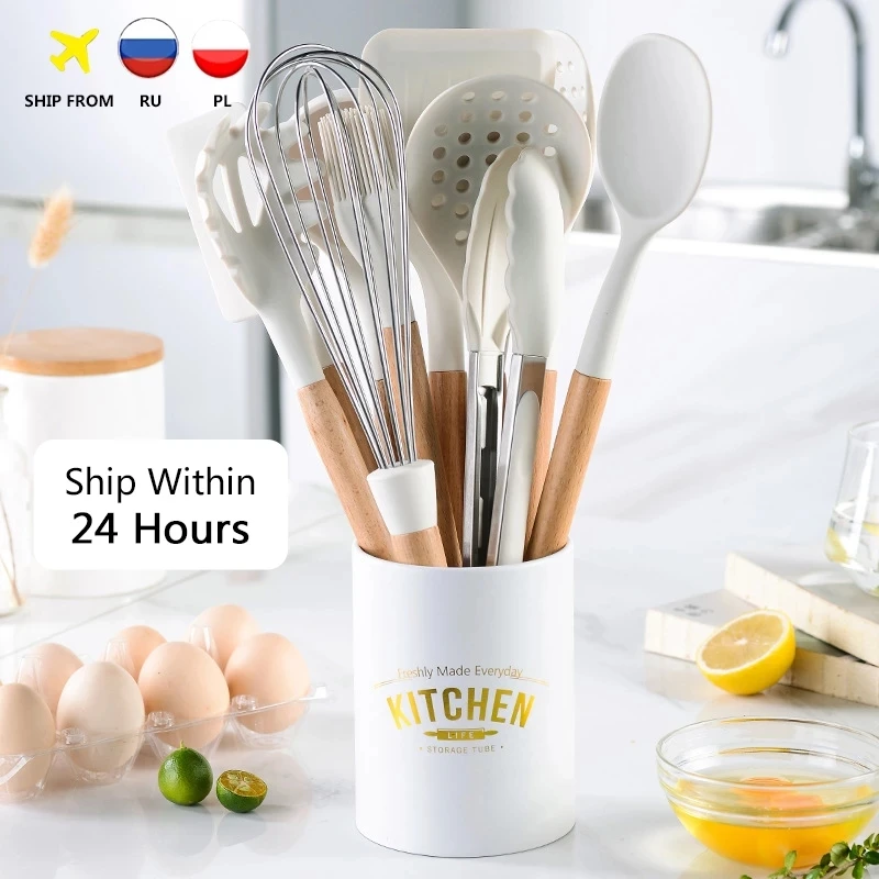 Silicone Kitchen Cookware High Temperature Resistant Non-Stick Wooden Handle Spatula Shovel Baking Tool Cooking Utensils Set