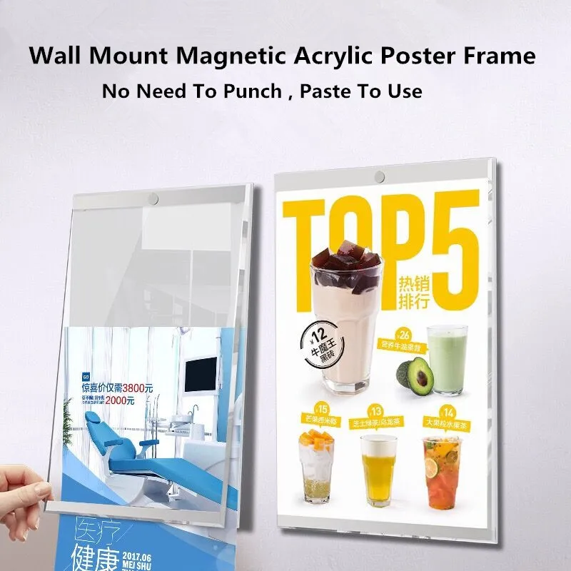 A4 Wall Mount Self-Adhesive Magnetic Acrylic Photo Picture Poster Sign Holder Display Frame Board