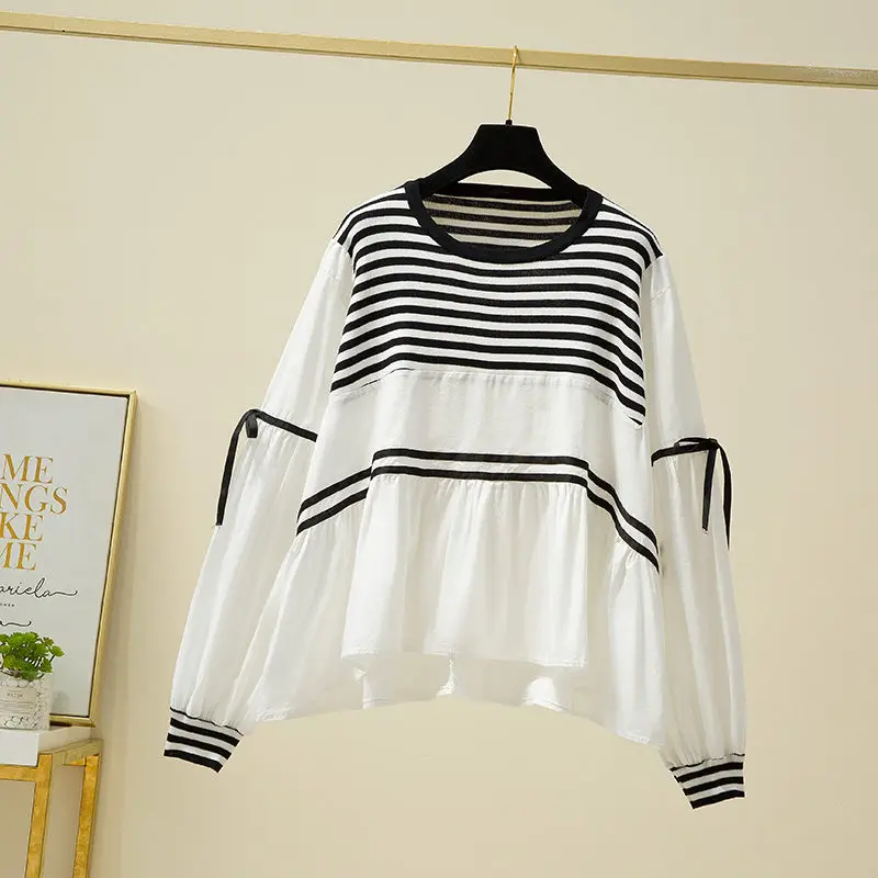 

New Fashion Blouse Women's Clothing 2022 Spring Autumn Striped Shirts Ladies Stitching Fake Two Piece Knitted Tops e509