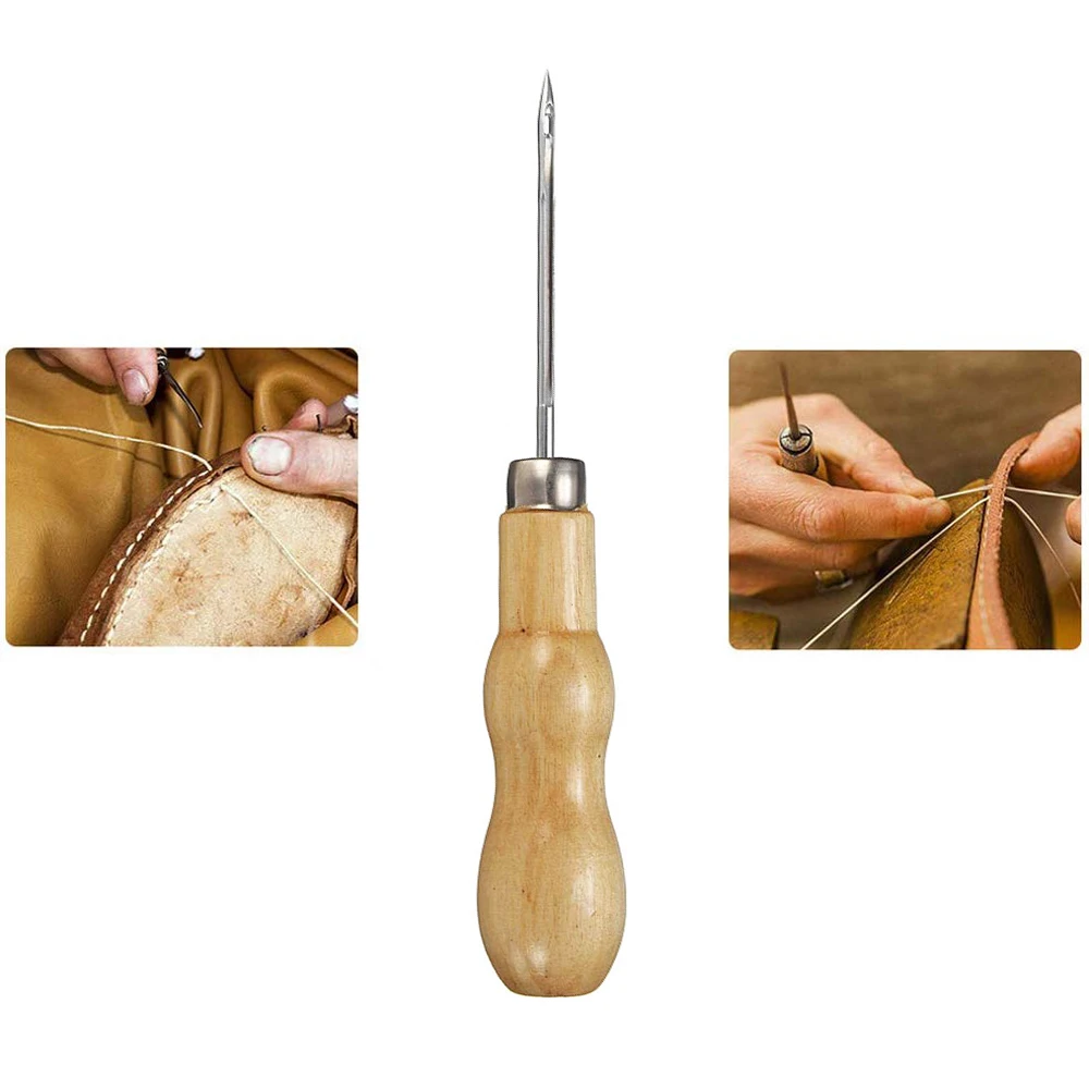 1pc Sewing Waxed Thread Durable Strong Hand Stitching Thread with Professional Leather Wood Handle Awl for Leather Shoe Craft