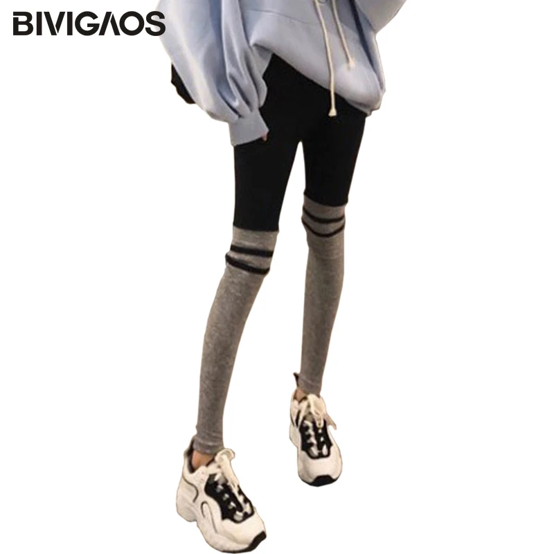 BIVIGAOS Spring New Women Korean Cotton Workout Leggings Hit Color Stitching Double Stripes Casual Sports Fitness Leggings