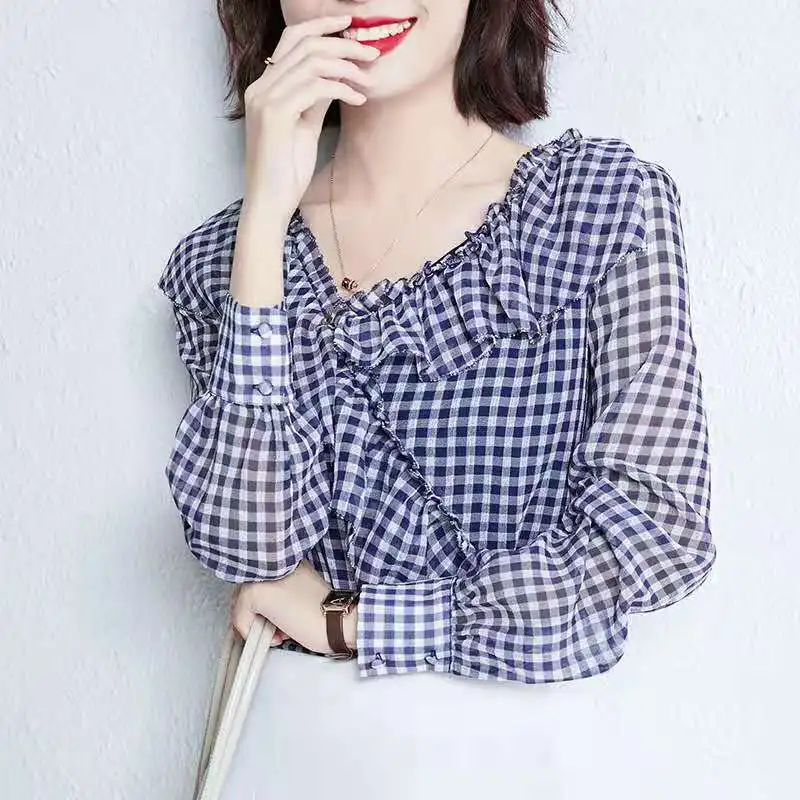 Women Fashion Leisure Plaids Shirts Long Sleeve Ruffles Chiffon Blouse For Office Lady Sweet Tops Casual Summer All-match Shirt