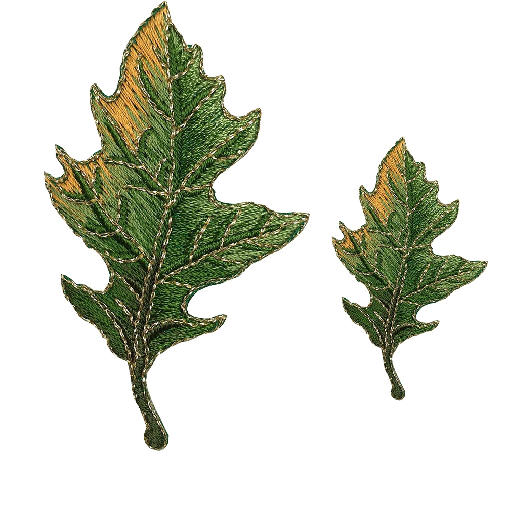 Tree Leaf Fall Oak Leaves Green Gold Embroidered Patches for T-shirt Iron on Stripes Appliques Clothes Stickers Clothing Badges