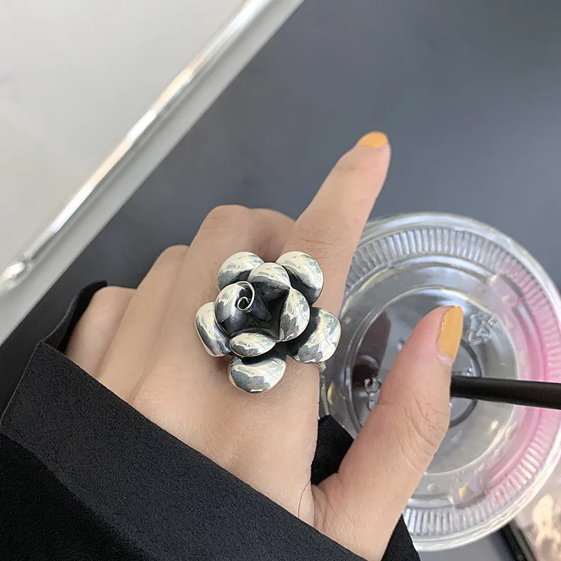 Mewanry Silver Color Ring Fashion Exaggerated Flower Ring Peony Retro Simple Design Trendy Elegant Party Gift for Women