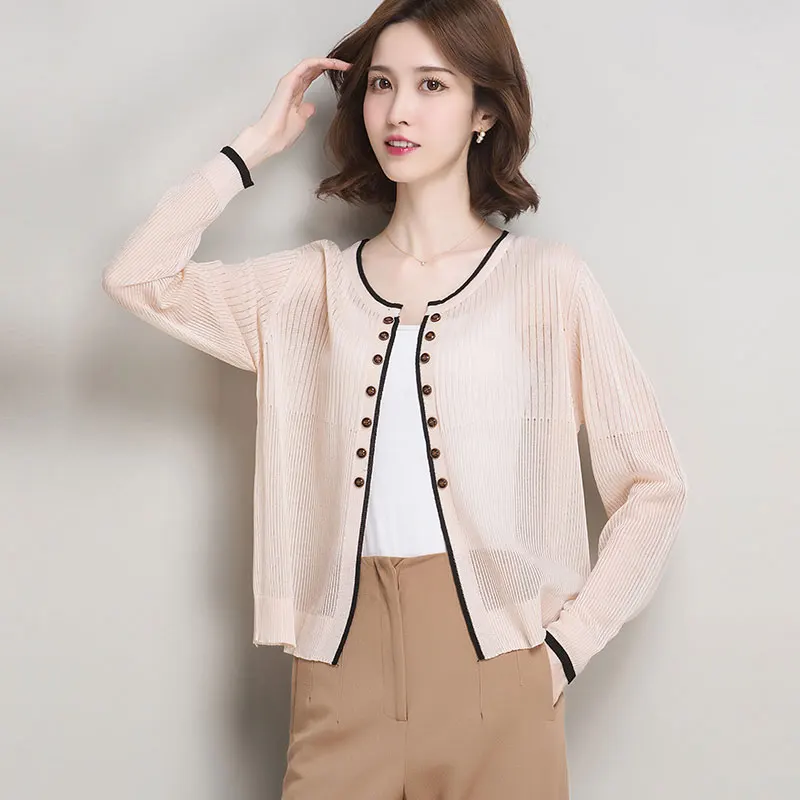 High Quality Women Knit Cardigan Summer Hollow Knitwear Solid See Through Female Knit Outwear Long Sleeve