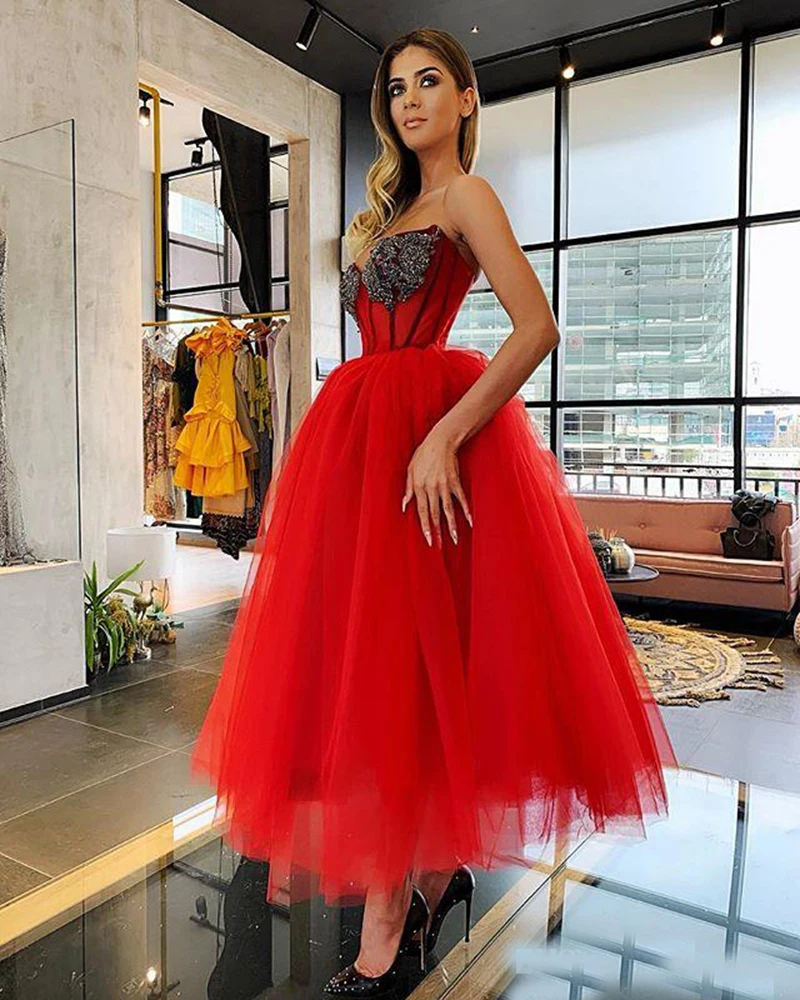 Sodigne vermelho tule vestidos de baile querida renda frisada tornozelo comprimento sexy vestidos de noite uma linha vestido de festa de casamento