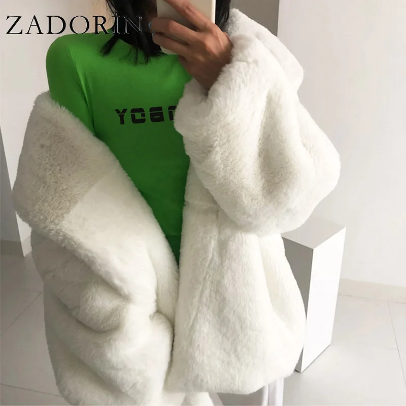 ZADORIN Winter Oversize Thick Warm White Furry Faux Fur Jacket Women Korean Fashion Luxury Long Sleeve Faux Rabbit Fur Coat