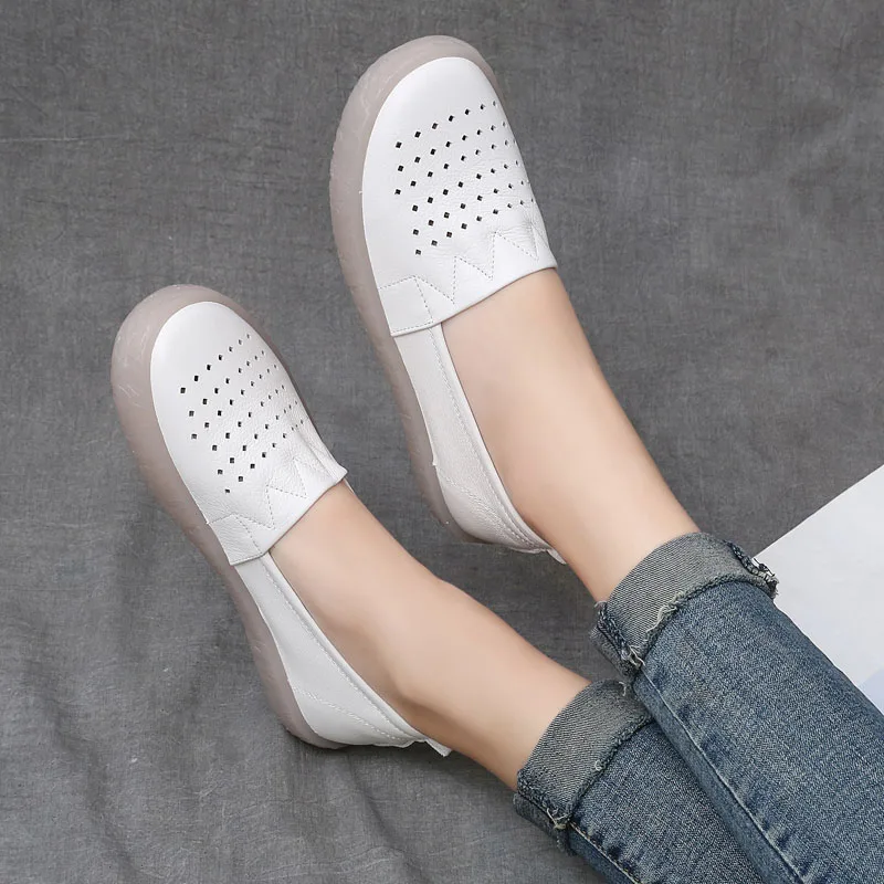 DRKANOL Hollow Genuine Leather Loafers Women Flat Shoes Breathable Slip On Summer Casual Shoes Pregnant Women Shallow Shoes