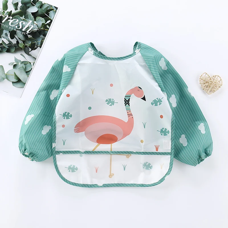 Infant Baby Cartoon Saliva Bib, Toddler Waterproof Long Sleeve Stripe Feeding Bib Clothes for Kids 1-3Years