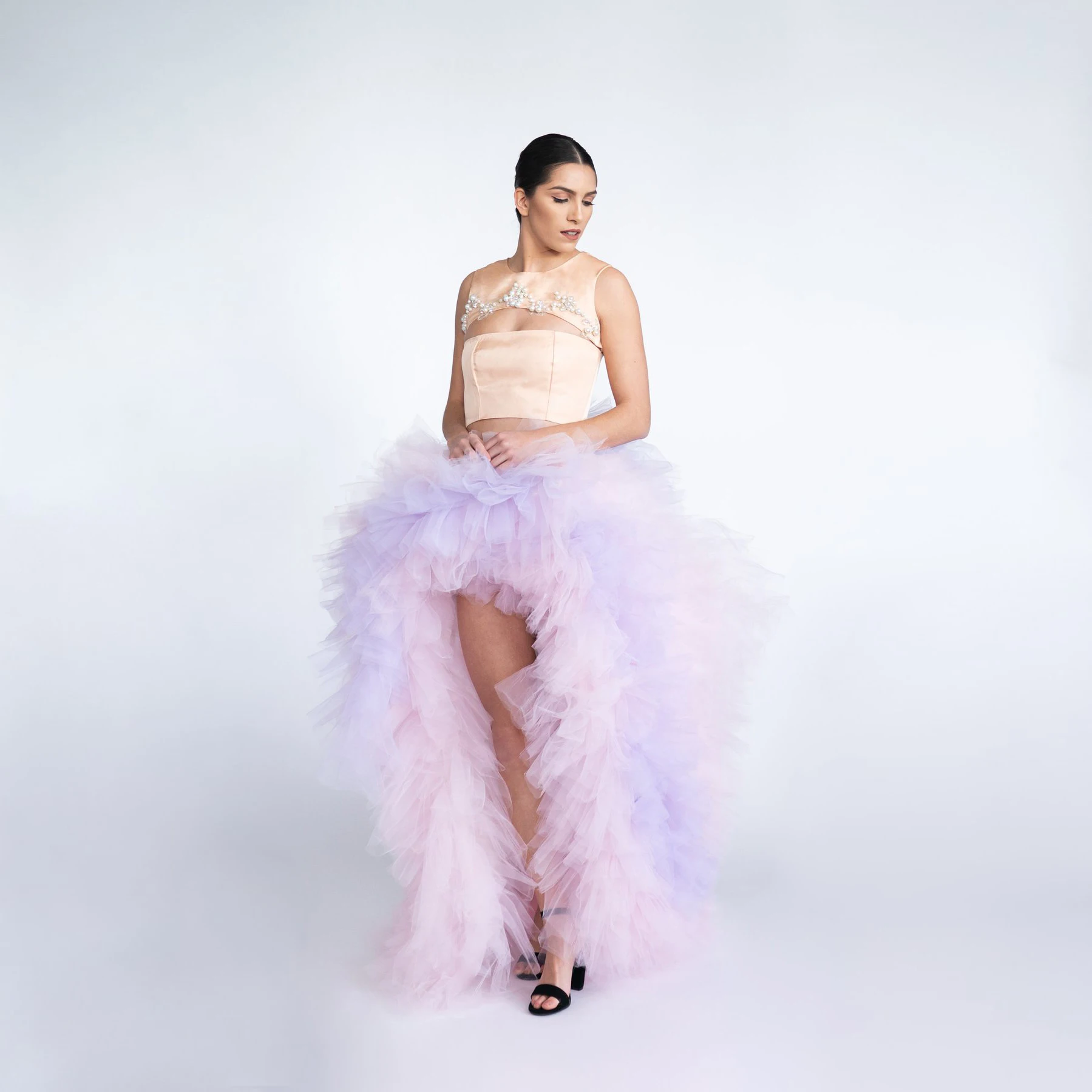 

2022 Pretty Color Matching Hi Low Ruffled Tulle Skirt Floor Length Long Women Skirts Puffy Pleated Maxi Tulle Skirt die Röcke