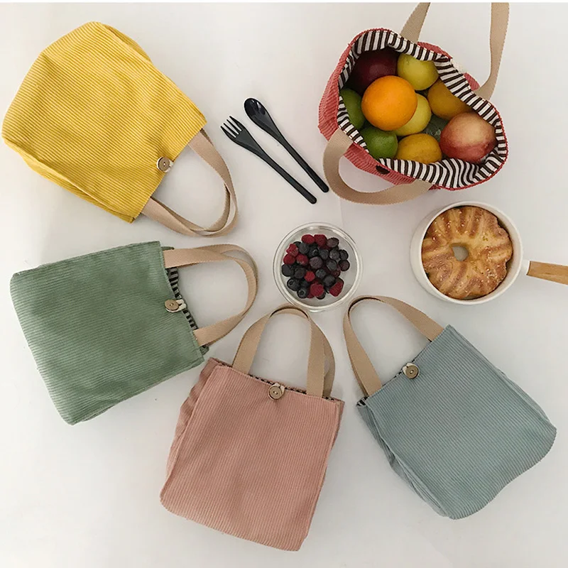 Lunch Bag Corduroy Canvas Lunch Box Picnic Tote Cotton Cloth Small Handbag Pouch Dinner Container Food Storage Bags For Ladies