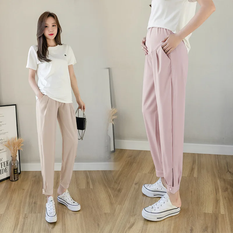 Chiffon Thin Summer Maternity Ankle Pants Fashion Split Button Design Clothes For Pregnant Women Pregnancy Casual Harem Trousers