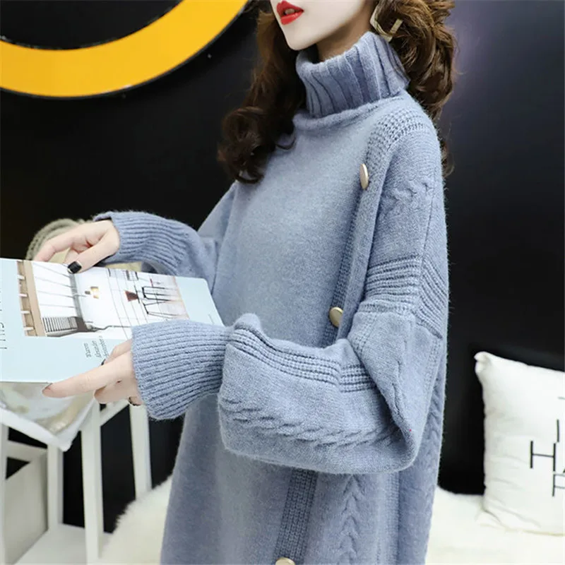 Autumn Winter Thick Turtleneck Long Sleeve Knitted Sweater Women 3 Color Loose High Collar Long Knitting Pullovers Tops Female