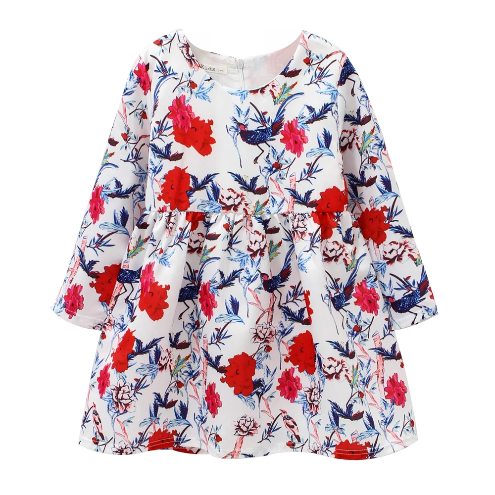 Sanlutoz Princess Girl Dress Flowers Birds Printing Long Sleeve Kids Dresses Fashion Casual Dress for Girls